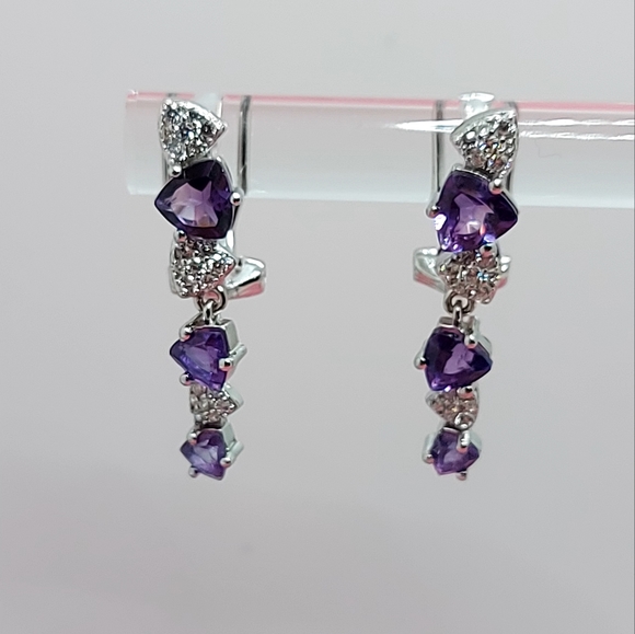Natural Amethyst 6mm & CZ 14K White Gold Plate on 925 Sterling Silver Earrings - Picture 5 of 6